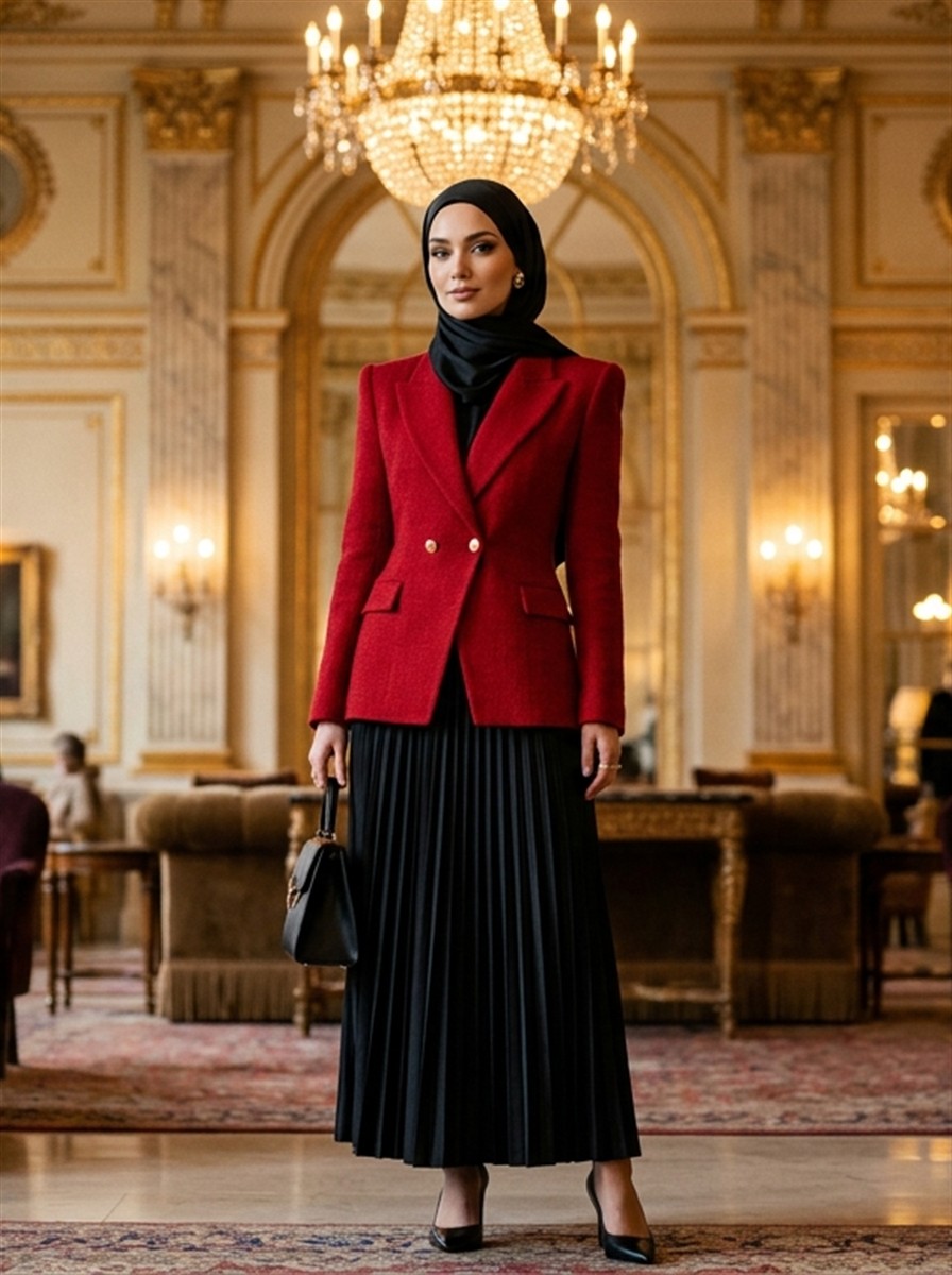 Asil Kırmızı Blazer ve Plise Gece Takımı