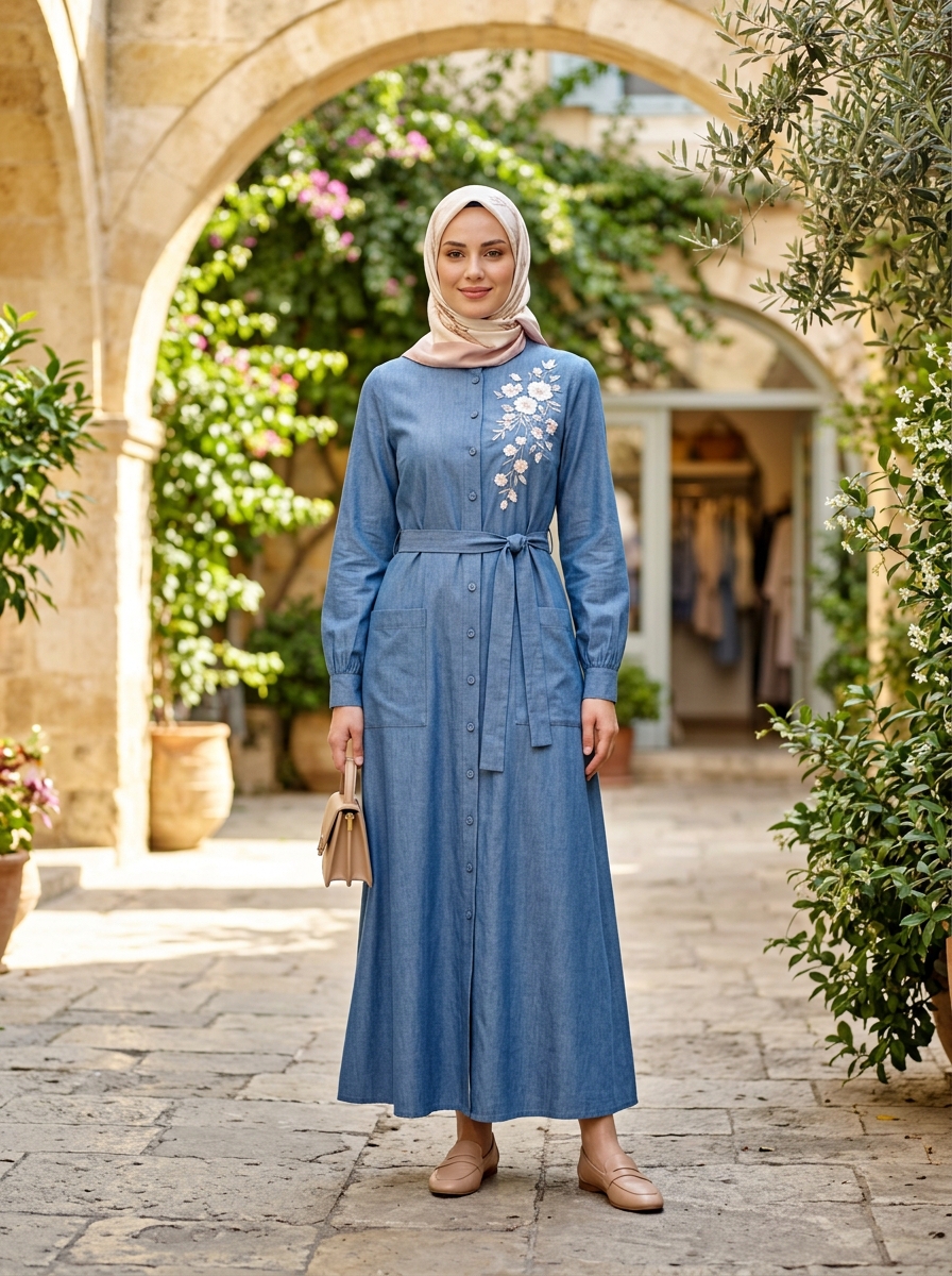 Flora Nakışlı İndigo Keten Elbise